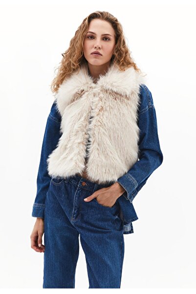 OXXO V Neck Faux Fur Vest - SILVER BIRCH