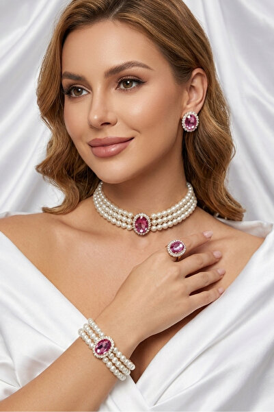 Happyline Cam İncili pembe oval taşlı gold kaplama inci choker kolye tasarım ...