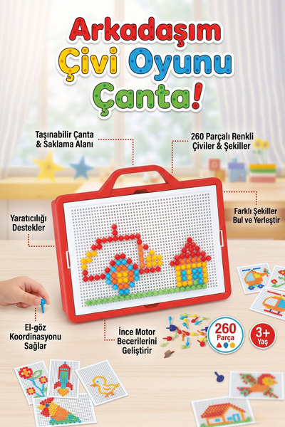 craftivio Arkadaşım Çantalı Çivi Oyunu 260 Parça Eğitici Mozaik Puzzle Seti 3...