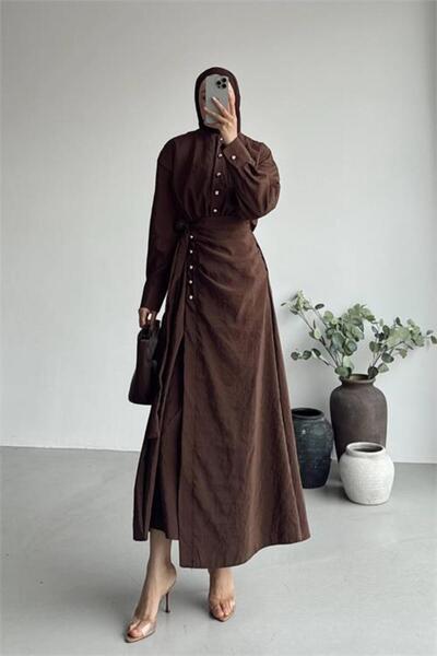 Neşeli Butik Γυναικείο καφέ χρυσό φόρεμα με κουμπιά και λεπτομέρειες, τύπου w...