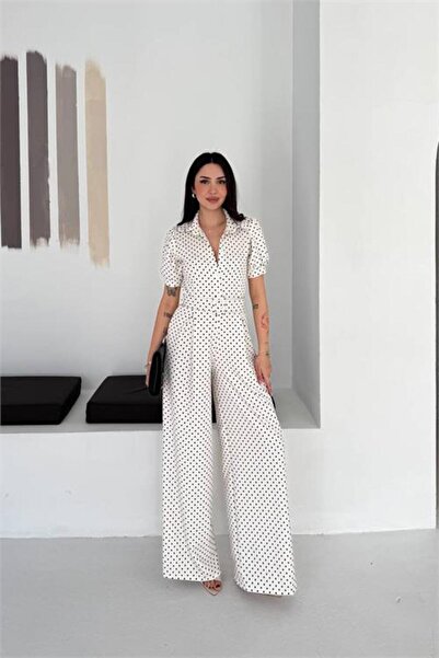 Neşeli Butik γυναικεία ολόσωμη φόρμα με λευκό πουά γιακά, με ζώνη, σε όλο το ...