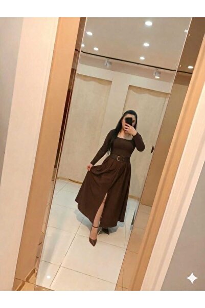 1 moda Kemerli yırtmaçlı kahverengi etek