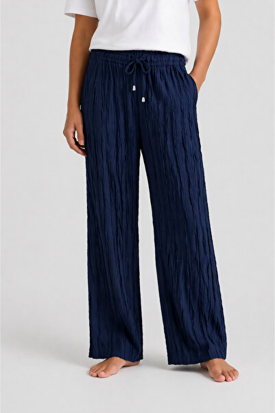 LEGS STAR Women's Navy Blue Elastic Waist Bubble Textured Pocketed Trousers