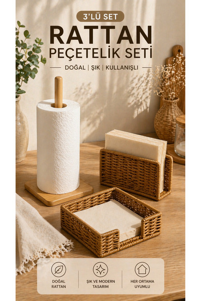 Mottogo 3’lü Bambu Rattan Peçetelik Seti Kağıt Havluluk Mutfak Düzenleyici Or...