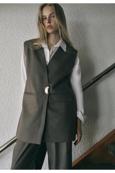 OXXO V Neck Button Detailed Oversize Vest - CARAFE MELANGE