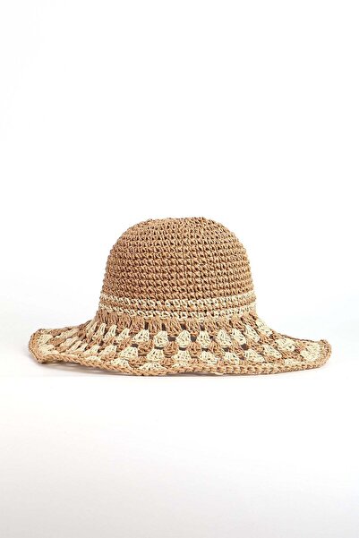 Haşema Υφαντό Λεπτομερές Πλεκτό Ψάθινο Καπέλο Παραλίας σε Γήινο Μπεζ Χρώμα 19041