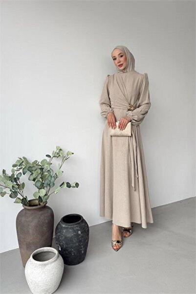 Neşeli Butik Γυναικείο μπεζ χρυσό φόρεμα ζακάρ με λεπτομέρειες από κούμπωμα κ...