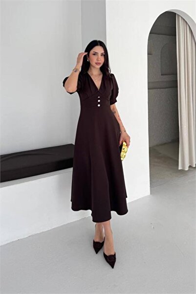 Neşeli Butik Γυναικείο καφέ φόρεμα με λαιμόκοψη V, μήκος midi, με λεπτομέρειε...