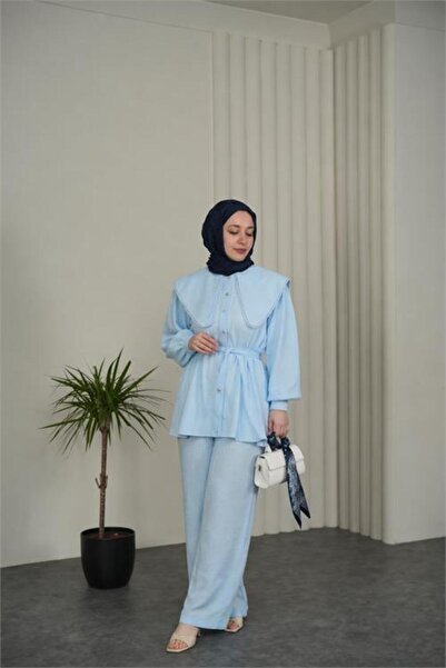 Neşeli Butik Women's Baby Blue Wide-Cut Collared Detailed Belted Double Hijab...