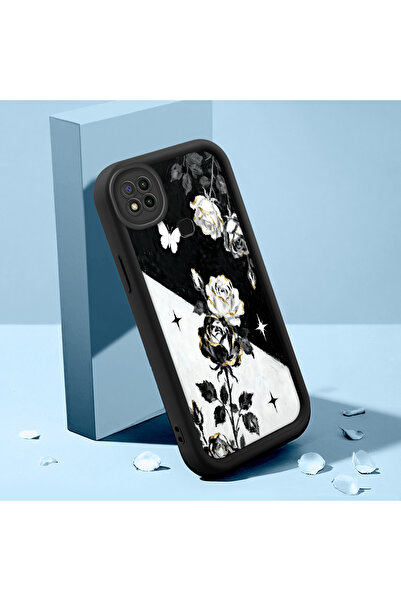 CASEVIBE Redmi 9C/10A Uyumlu Siyah beyaz gül desenli, şık silikon telefon kılıfı