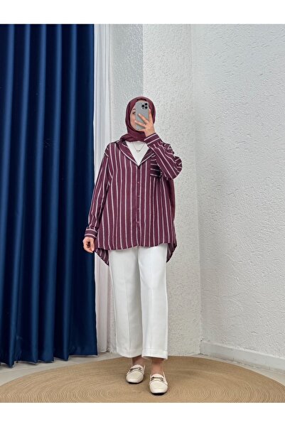 MİHRA STORE Πουκάμισο Yankı Hella με ρίγες και μία τσέπη-NA878 Δαμασκηνί