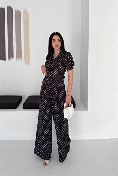 Neşeli Butik γυναικεία ολόσωμη φόρμα με μαύρο πουά γιακά, με ζώνη, σε όλο το ...