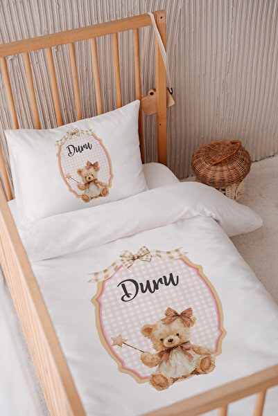 Lilabio %100 Pamuk Saten İsme Özel 100x150 Bebek Yatak Nevresim Seti Peri Ayıcık