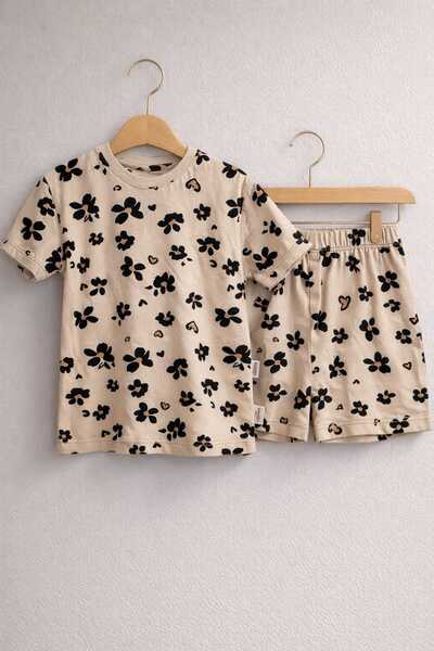 kidsense Girls' Leopard Flower Pattern Printed Summer Shorts Home Wear Pajama Set