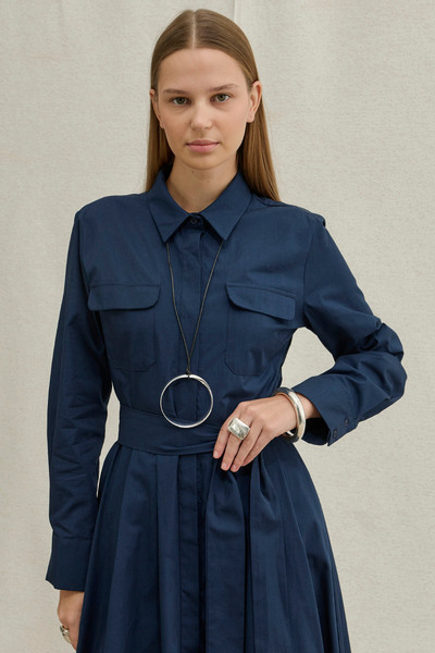 ViadelAtelier Soft Cotton Kuşaklı Uzun Lacivert Elbise