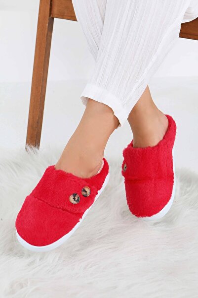 TOFİSA Γυναικείες κόκκινες παντόφλες σπιτιού με κουμπιά - 27777-ΚΟΚΚΙΝΟ