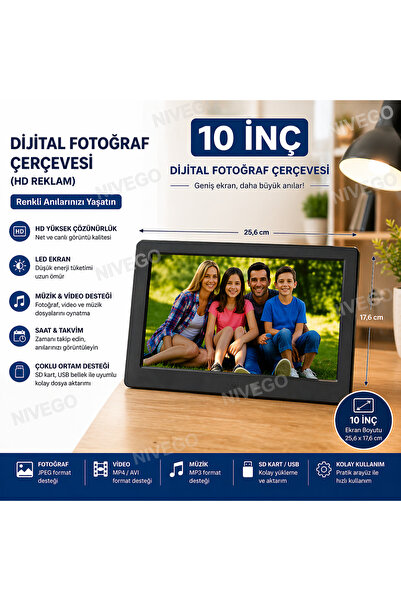 Nivego Nvg Dijital Fotoğraf Çerçevesi 10”inç HD Ekran | Video & Müzik Destekl...