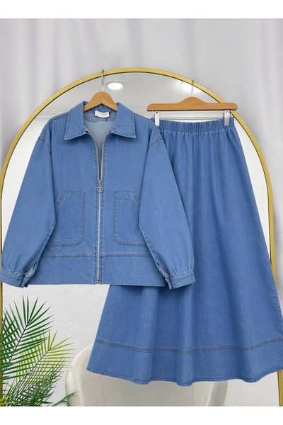 MODA VEDAT Γυναικείο Σετ με Γιακά και Τζιν Φούστα με Διπλές Τσέπες -0750