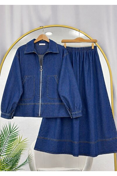 MODA VEDAT Γυναικείο Σετ με Γιακά και Τζιν Φούστα με Διπλές Τσέπες -0750