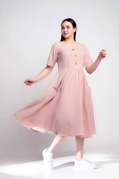 OEMS Nude Blush linen Midi Front Pocket Dress - L