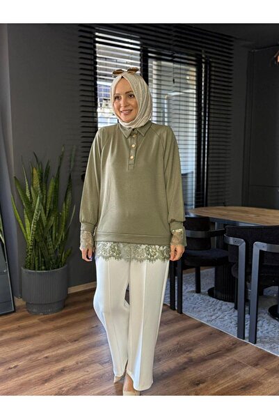 Suede Style 6441 - Άνετο, χαλαρό, βασικό γυναικείο μακρύ φούτερ με δαντέλα κα...