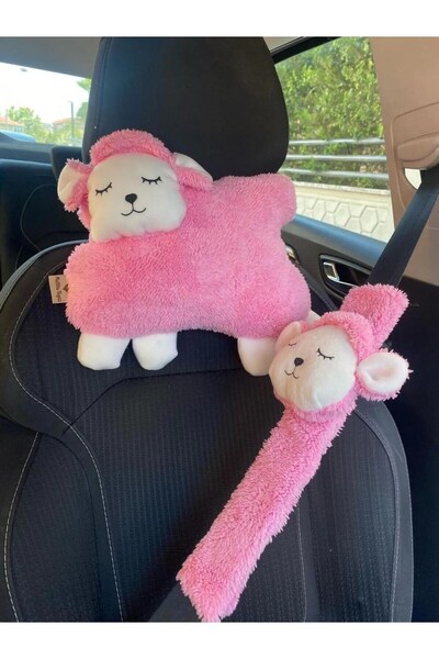Empressco Pembe Kuzu Araba Boyun Yastığı Ve Emniyet Kemeri Aksesuarı Peluş Kı...