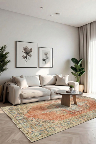 Çok Renkli El Dokuması Vintage Salon Halısı - Eskitme Organik Yün Pamuk Türk Halısı - 168x285 cm
