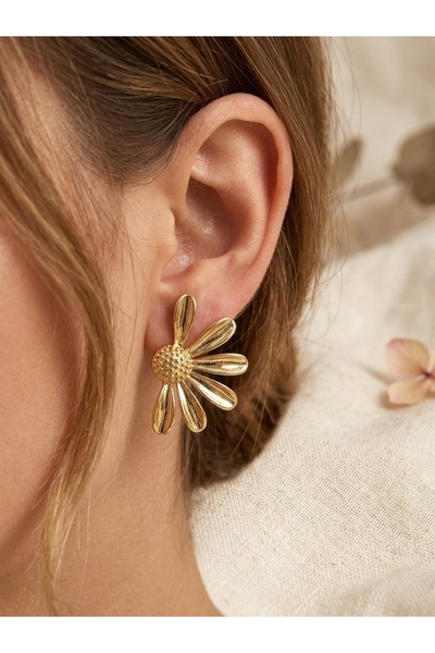 Gold Half Daisy Model Summer Collection Steel Women Earrings Custom Stylish Design, No Blackout