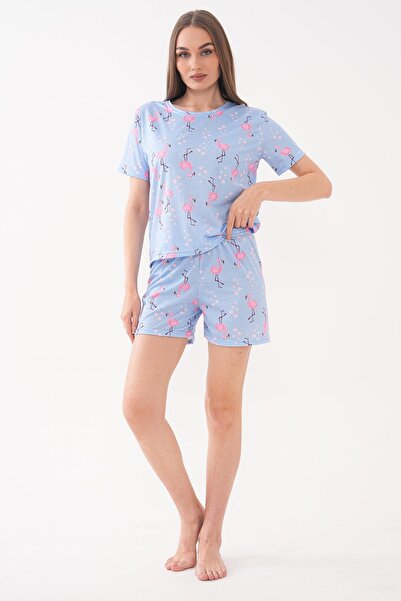 ŞİMAL Women's Patterned Crew Neck Oversize Shorts Set 260228 -