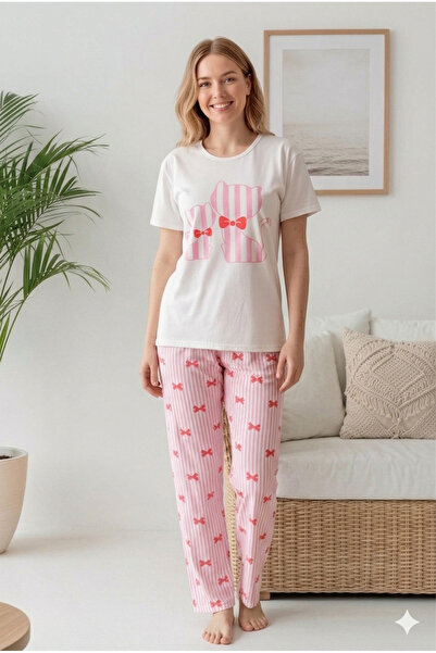 Rosa Lui Σετ πιτζάμες με στάμπα φιόγκου γάτας, με μοτίβο στο επάνω και στο κά...