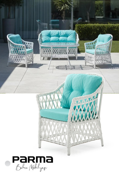 KUMSHOME PARMA Çay Seti Bahçe Balkon Teras Mobilyası El Örgüsü Rattan 2+1+1 B...