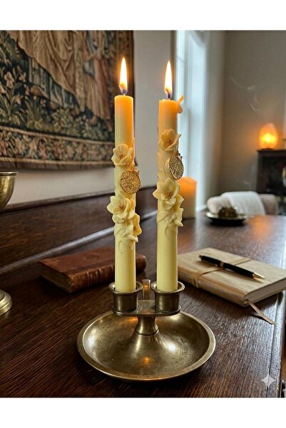 SCA CANDLE Dekoratif Mum Şamdan Mum Nar Desenli 2 parça koyu krem 20x2,2 Cm
