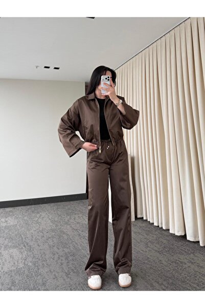 My Blog Καφέ Σατέν Σακάκι Bomber και Παντελόνι - 9663 - 51229