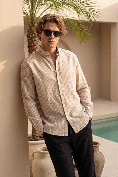 MADZEYMODA Ανδρικό μπεζ μακρυμάνικο πουκάμισο με μονό ριγέ σχέδιο LS-13041