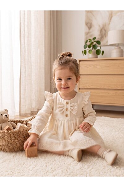 Cherrys Bebek Muslin Textured Lace Embroidered Baby Dress with Bow Detail