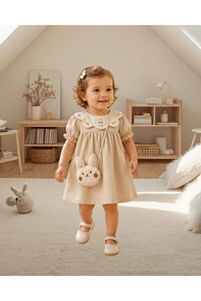 My Lusa baby wear Mimo %100 Pamuk Kız Bebek Elbise I Nakışlı Yaka Tavşan Çant...