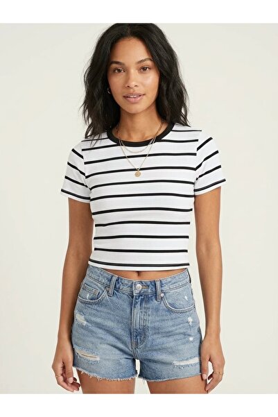 Crop Fit Pamuklu Çizgili Kadın T-Shirt
