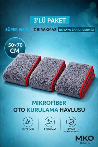 MKO TEKSTİL 3'LÜ PAKET 50 X 70 CM MİKROFİBER BÜYÜK BOY SÜPER EMİCİ OTO KURULA...