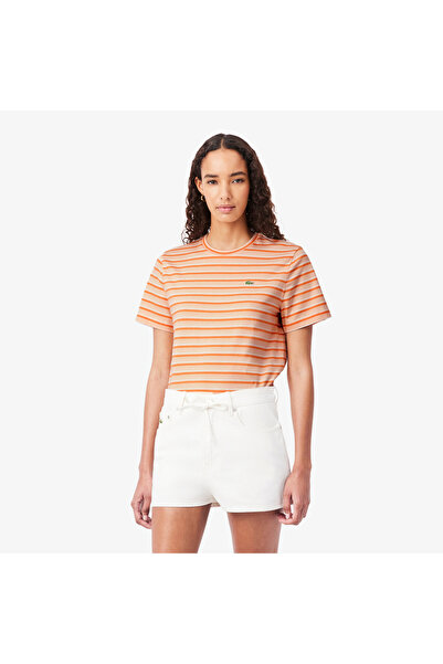 Lacoste Kadın Regular Fit Bisiklet Yaka Çizgili Turuncu T-Shirt