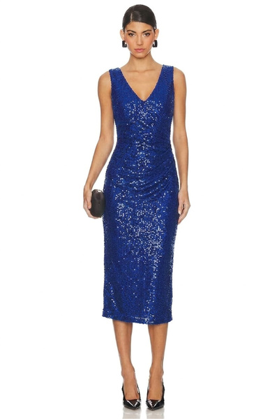 AFR CLOTHES Γυναικείο βραδινό φόρεμα SAKS BLUE με λαιμόκοψη V, μίντι μήκους, ...