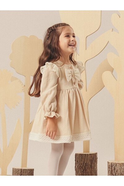 Cherrys Bebek Muslin Textured Lace Embroidered Baby Dress with Bow Detail