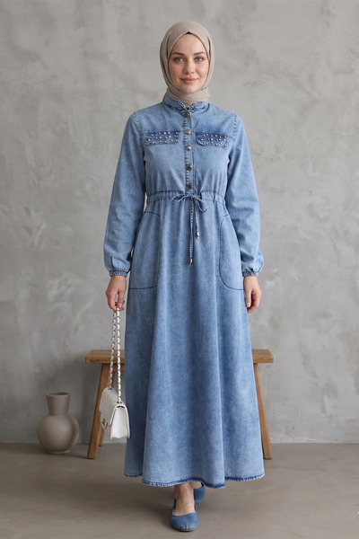 FERHEL Γυναικείο τζιν φόρεμα με λεπτομέρεια τσέπης και κορδόνια - Μπλε σαν πάγος