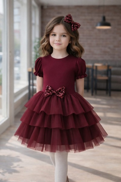 nadirkids KIZ ÇOCUK BORDO TÜTÜLÜ ELBİSE TOKA SETİ