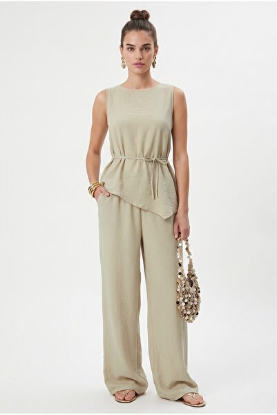 Ritnice Women's Joe Asymmetric Blouse Pants Woven Light Green Bottom Top Set