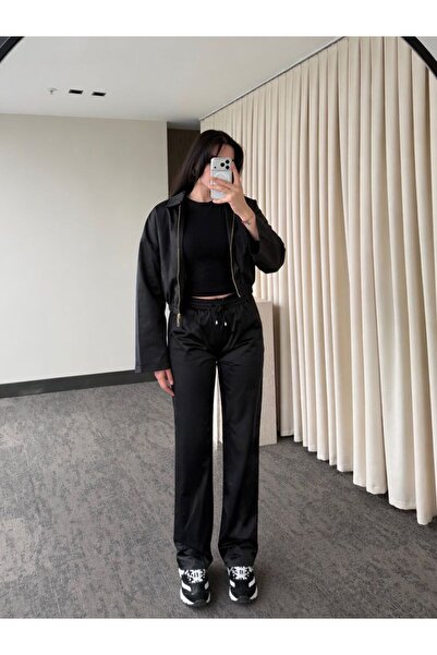 My Blog Black Bomber Satin Jacket Pants Set - 9663 - 51229