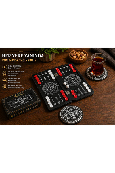 kutuTR Mini Tavla Seti Kompakt Taşınabilir Çantalık Siyah Tavla Hediyelik 2 A...