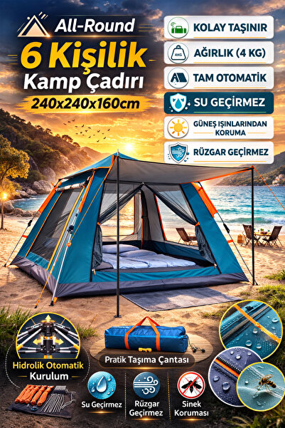 ozbience 6 Kişilik Otomatik Kamp Çadırı, Su Geçirmez, Gölgelikli, Kolay Kurulum