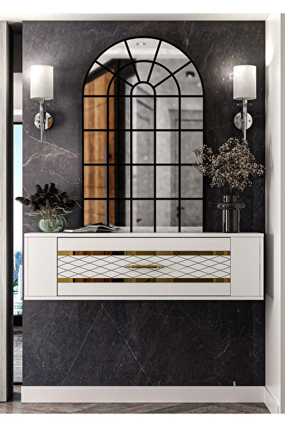 DEMONTE DECOR D7050DD-128 DUVARA MONTE TEK KAPAKLI PLEKSİLİ DRESUAR BEYAZ-ALTIN