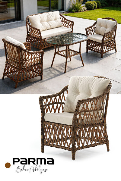KUMSHOME PARMA Çay Seti Bahçe Balkon Teras Mobilyası El Örgüsü Rattan 2+1+1 K...