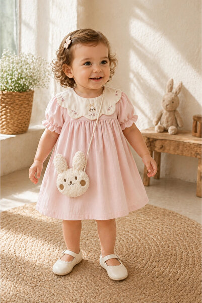 My Lusa baby wear Mimo %100 Pamuk Kız Bebek Elbise I Nakışlı Yaka Tavşan Çant...